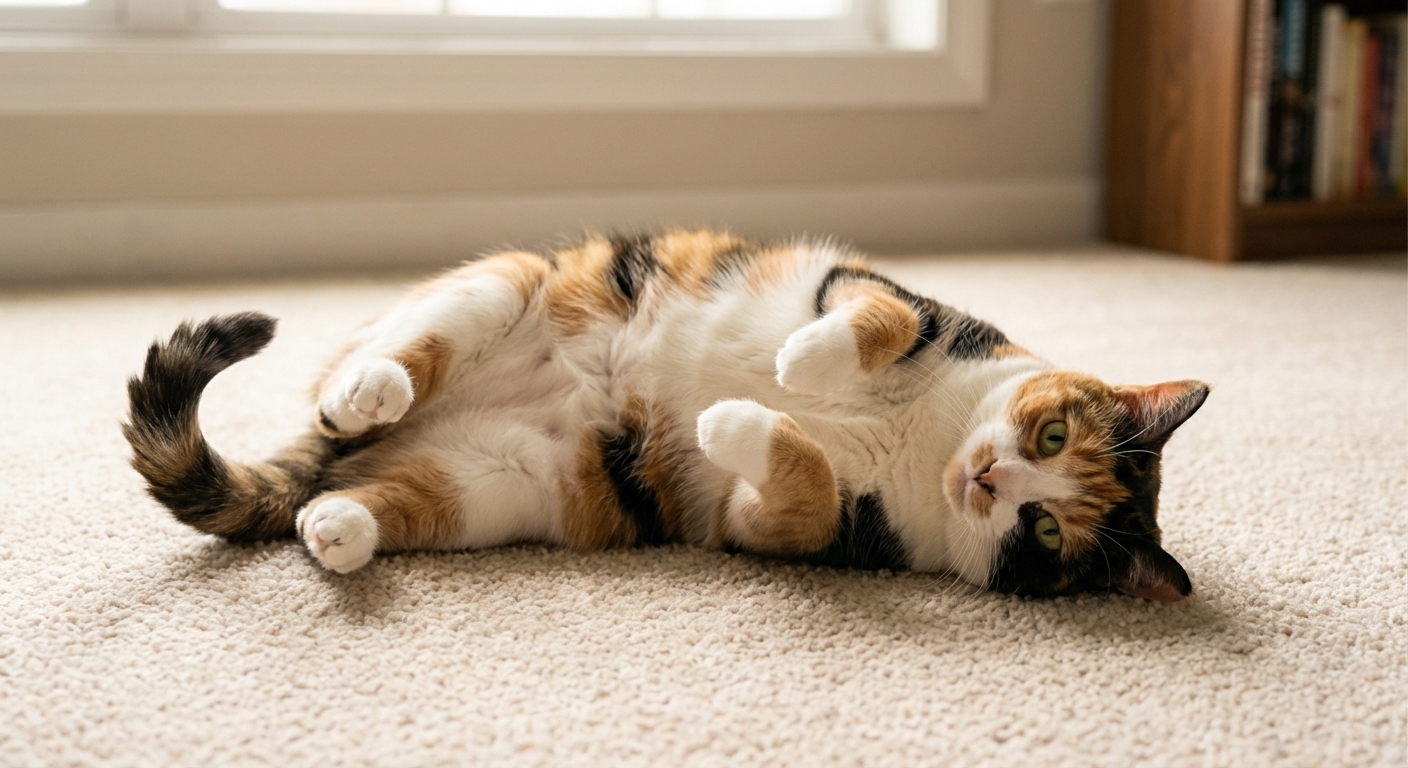 A photograph of a calico cat rolling on a carpeted floor with her tail curved to the side in a relaxed but restless posture
