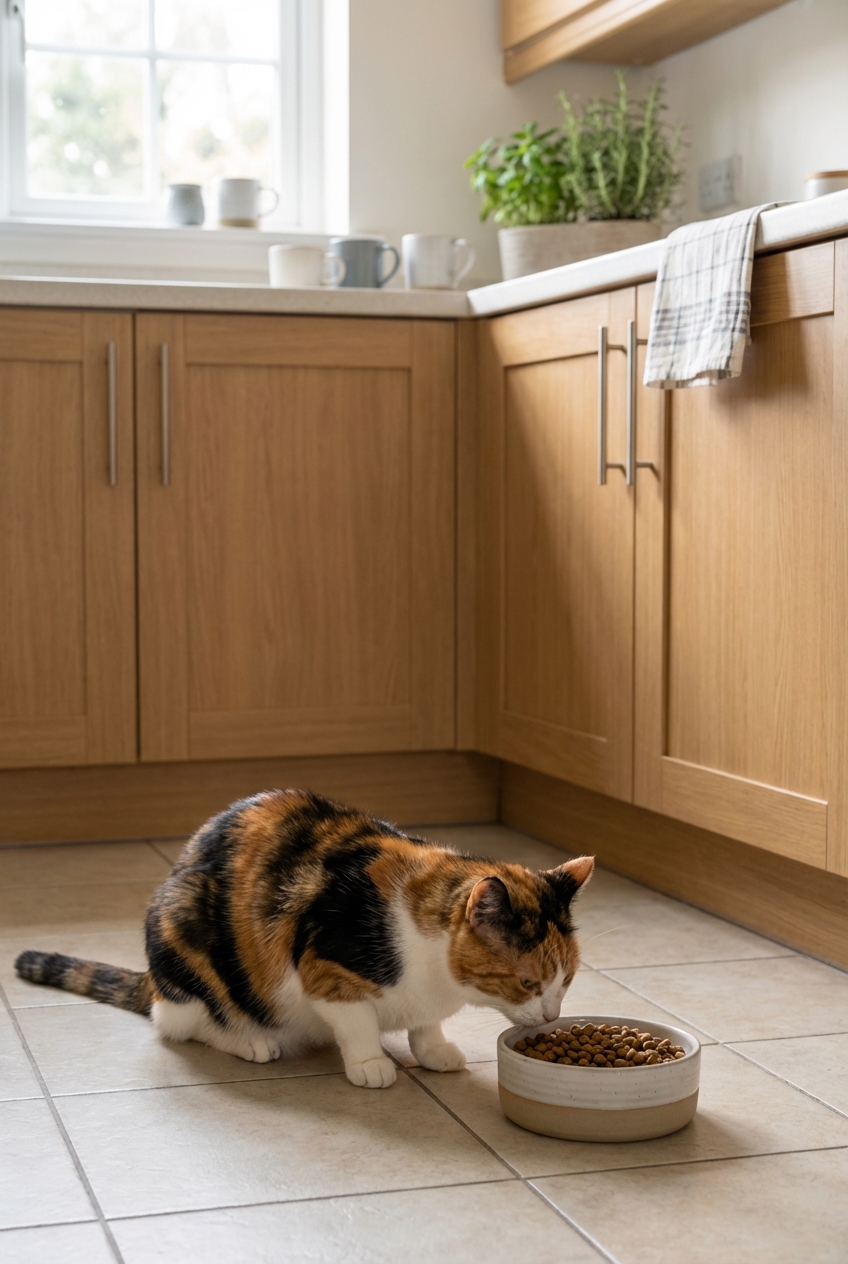 A photograph of a calico cat sniffing a food bowl in a quiet kitchen
