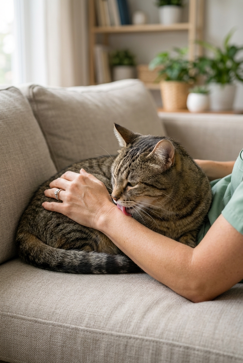 A photograph of a calm cat resting on a couch next to a person’s arm, with the cat’s tongue just touching the skin