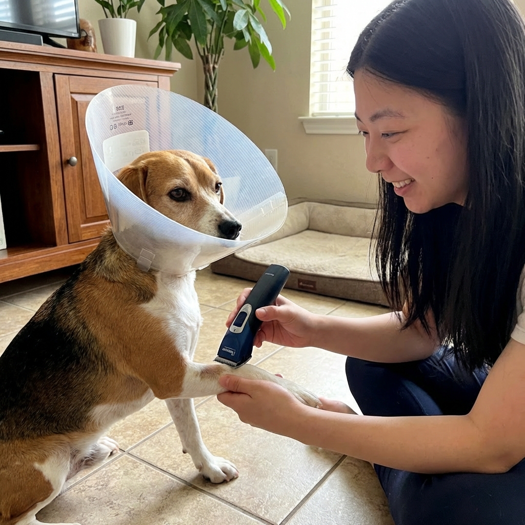 A photograph of a calm dog wearing an Elizabethan collar while a person gently uses electric clippers near a small patch of fur