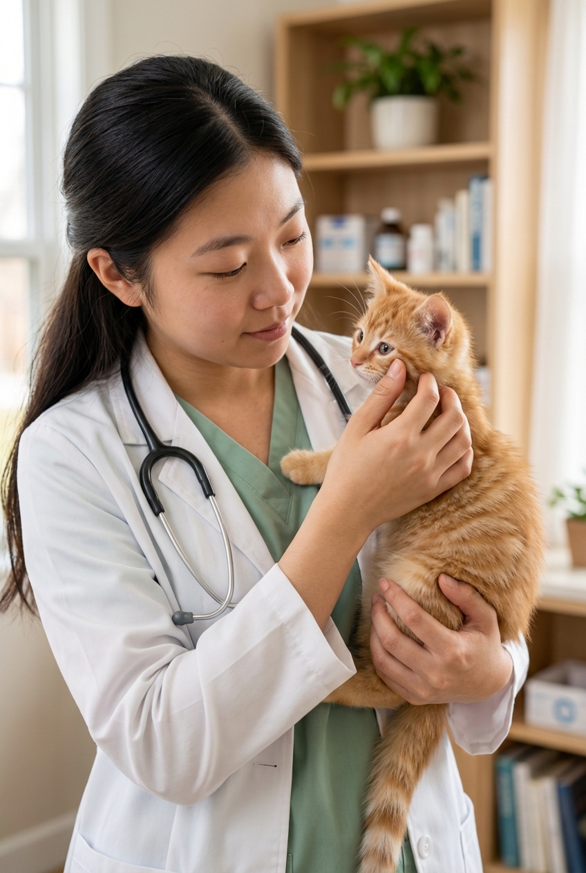 A photograph of a caregiver gently holding a kitten while checking the kitten's eyes in soft indoor light