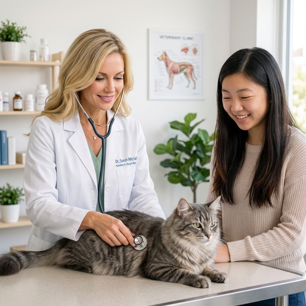 A photograph of a cat being gently examined by a veterinarian in a clinic room
