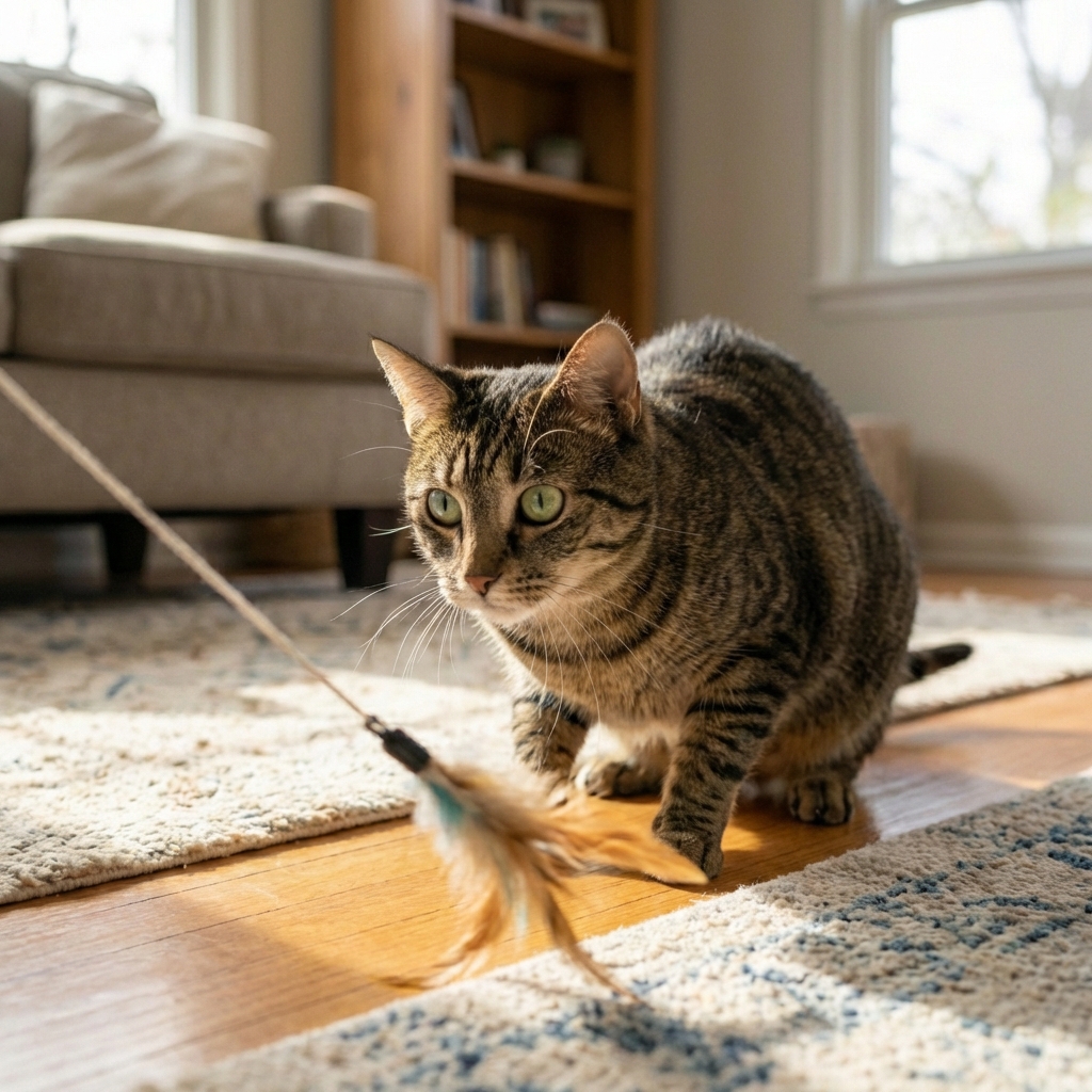 A photograph of a cat crouched low and focused on a moving string toy indoors