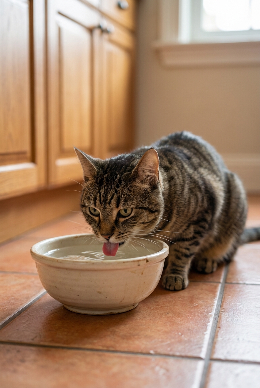 A photograph of a cat drinking water from a ceramic bowl placed on a kitchen floor