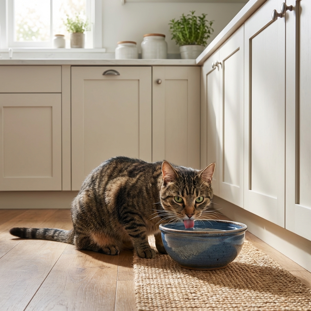 A photograph of a cat drinking water next to a ceramic bowl in a quiet kitchen