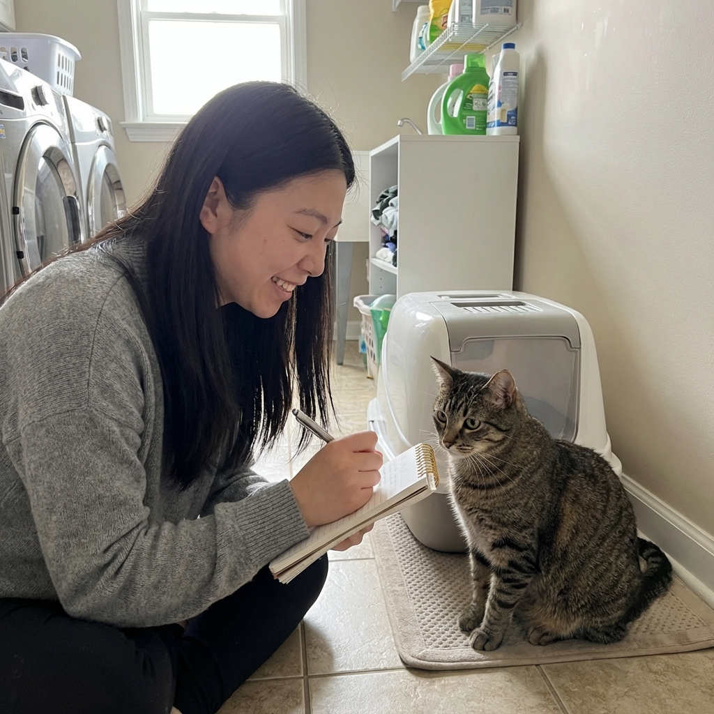 A photograph of a cat owner holding a small notebook next to a cat sitting by a litter box