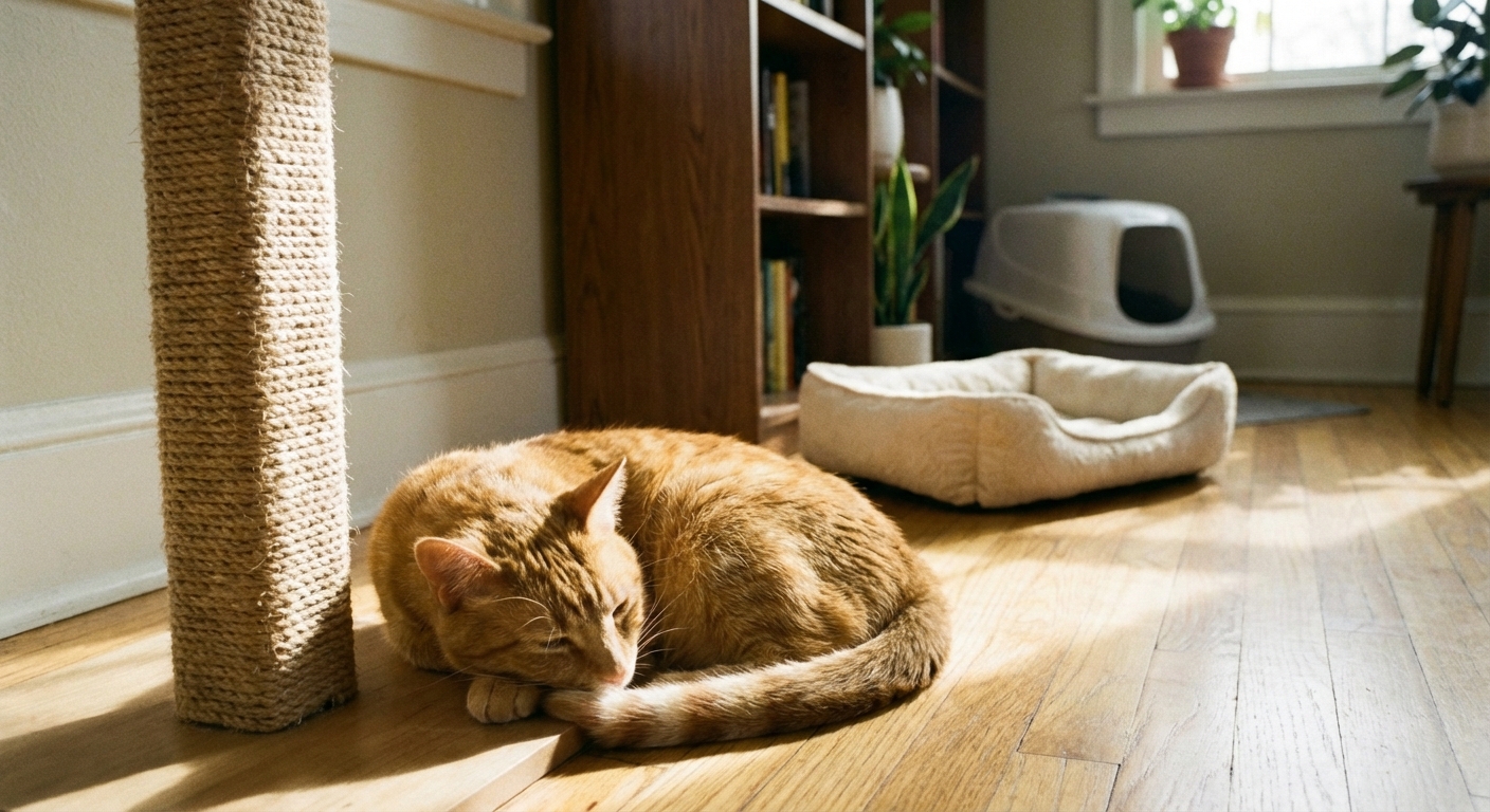 A photograph of a cat relaxing beside a scratching post in a quiet room with a soft bed and a litter box in the background