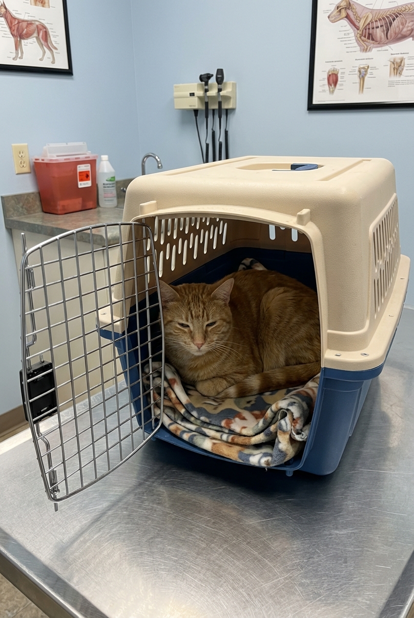 A photograph of a cat relaxing in a carrier in a veterinary clinic exam room
