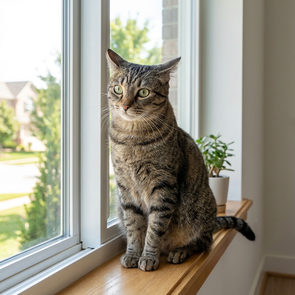 A photograph of a cat sitting alertly beside a window with ears slightly turned back