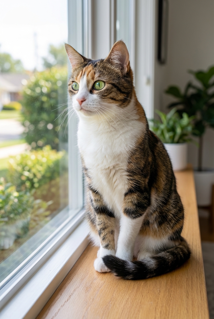A photograph of a cat sitting at a window looking outside with alert posture