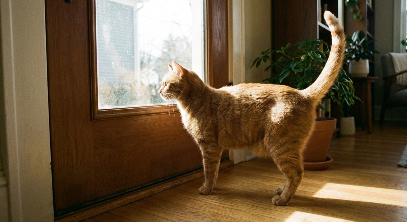 A photograph of a cat standing near a closed front door looking outward, with its tail raised and body alert