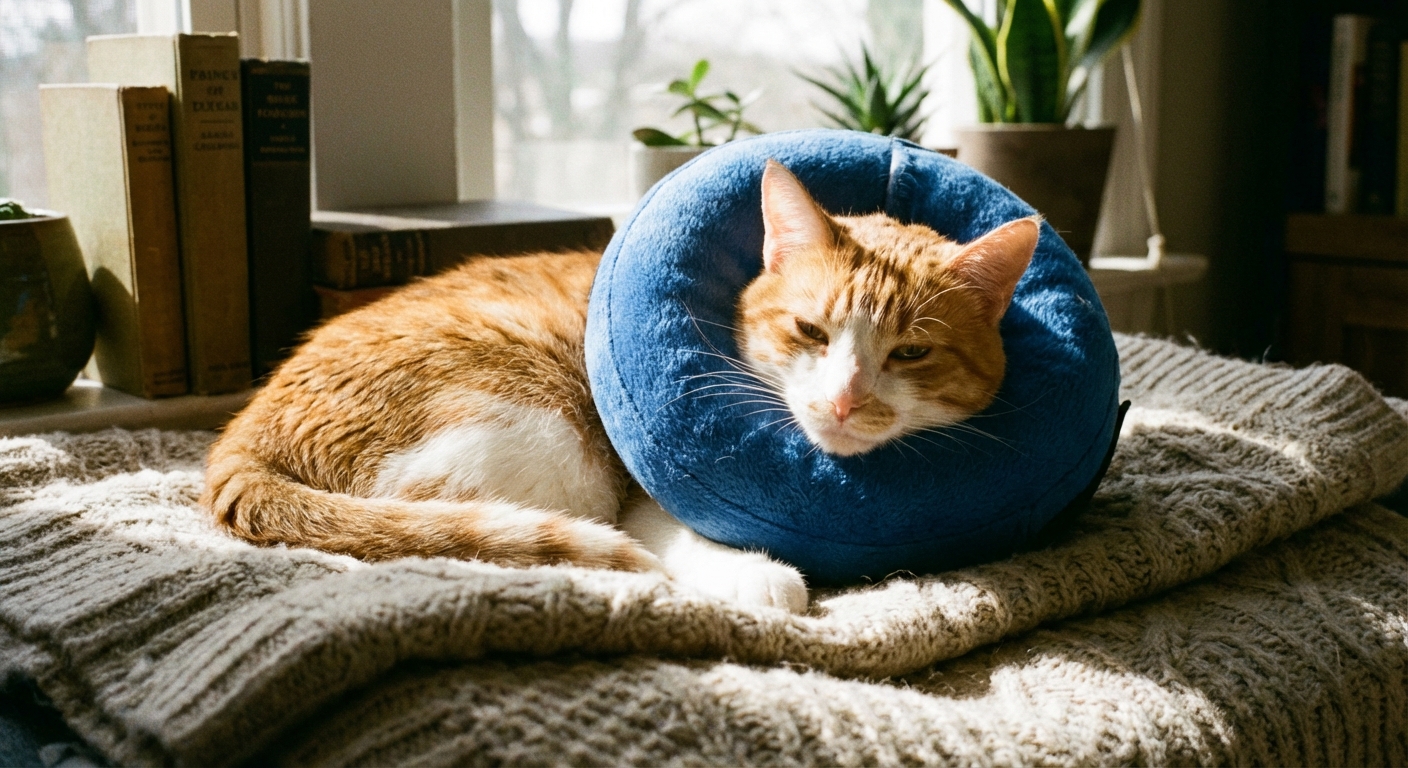 A photograph of a cat wearing a soft recovery collar resting calmly on a blanket