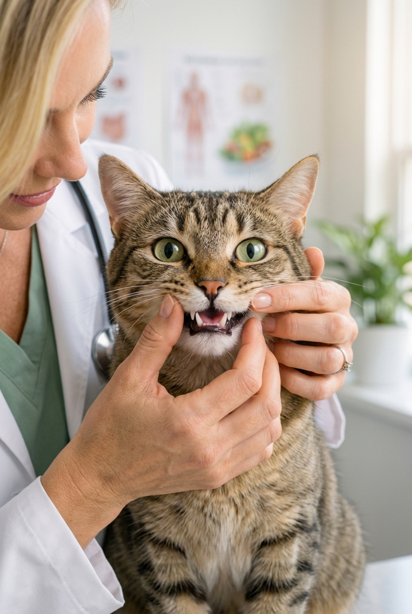 A photograph of a cat’s face in natural light showing the eyes and gums while a caregiver gently lifts the lip