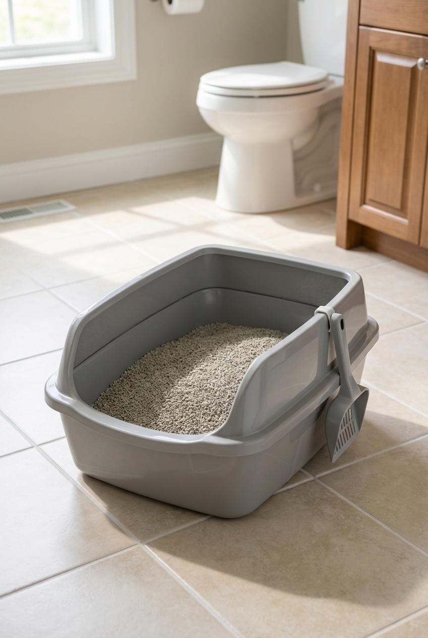 A photograph of a clean cat litter box with clumping litter in a tiled bathroom, shown in natural light