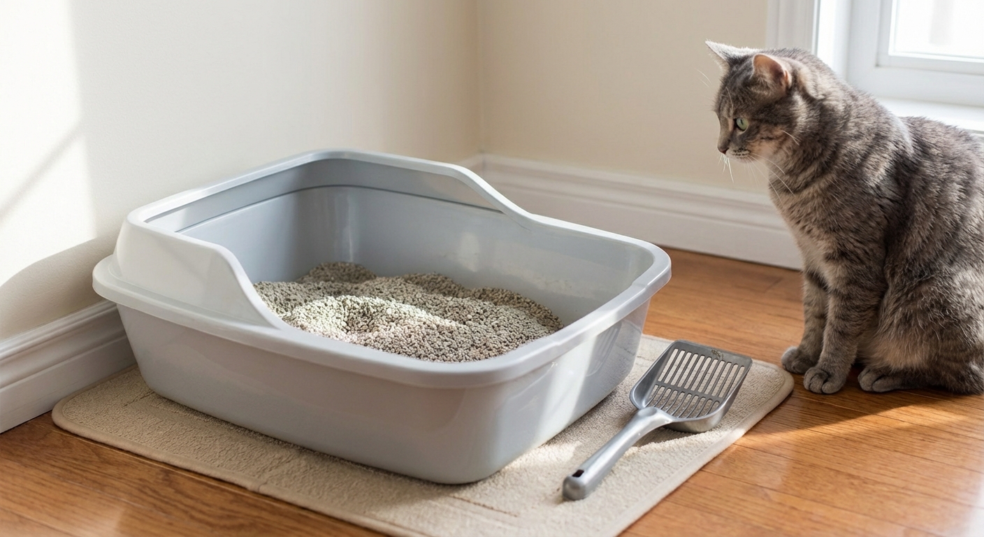 A photograph of a clean, uncovered litter box in a quiet corner of a home with a scoop resting nearby