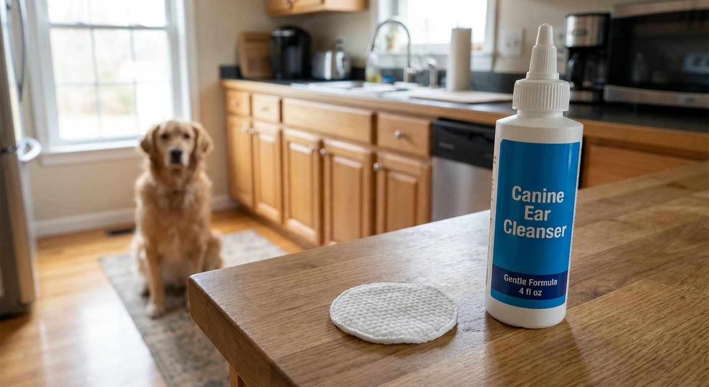 A photograph of a cotton round and a dog-specific ear cleanser bottle on a kitchen counter with a dog in the background
