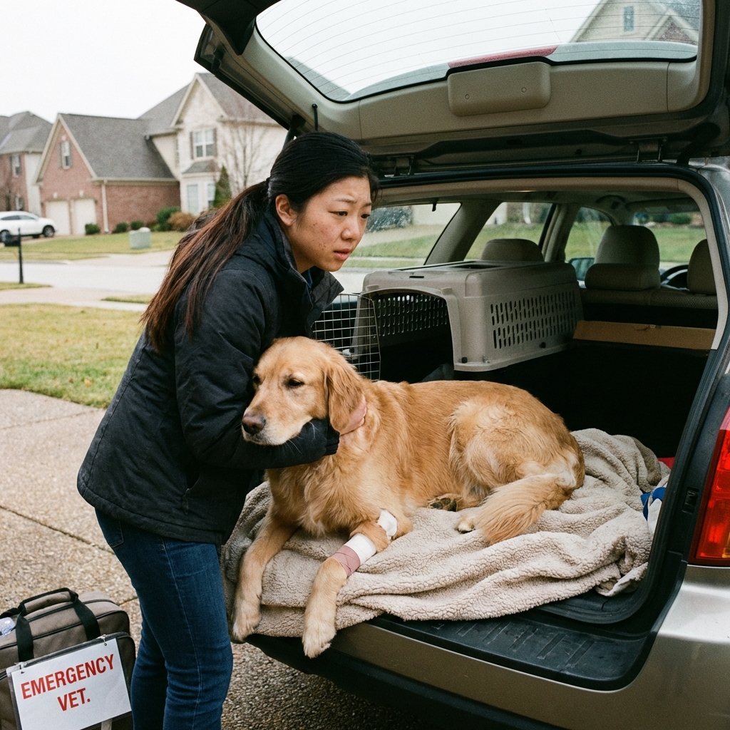 A photograph of a dog being gently placed into a car by an owner for a trip to an emergency veterinary clinic
