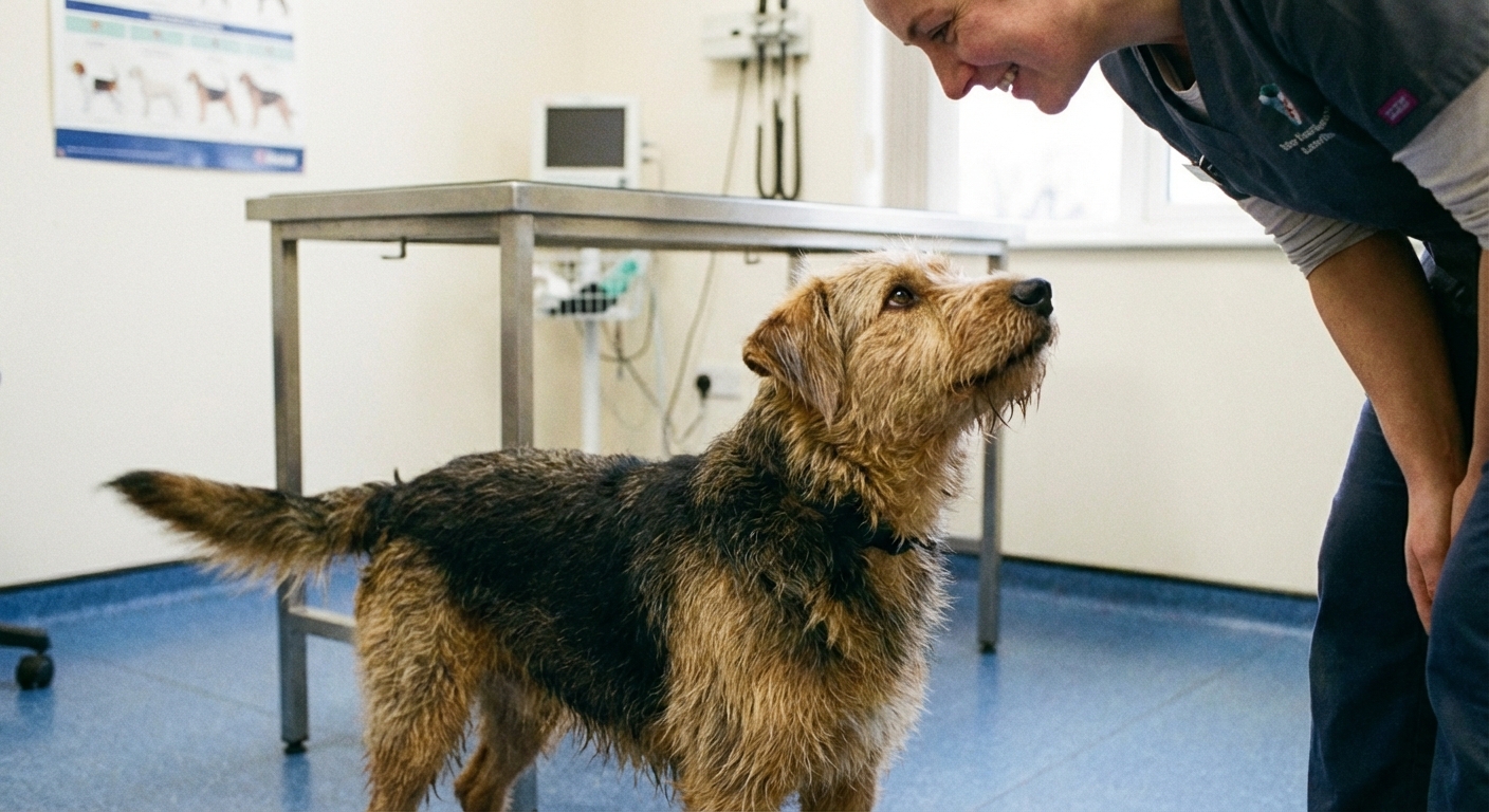 A photograph of a dog in a veterinary exam room with a low wagging tail while looking up at a person