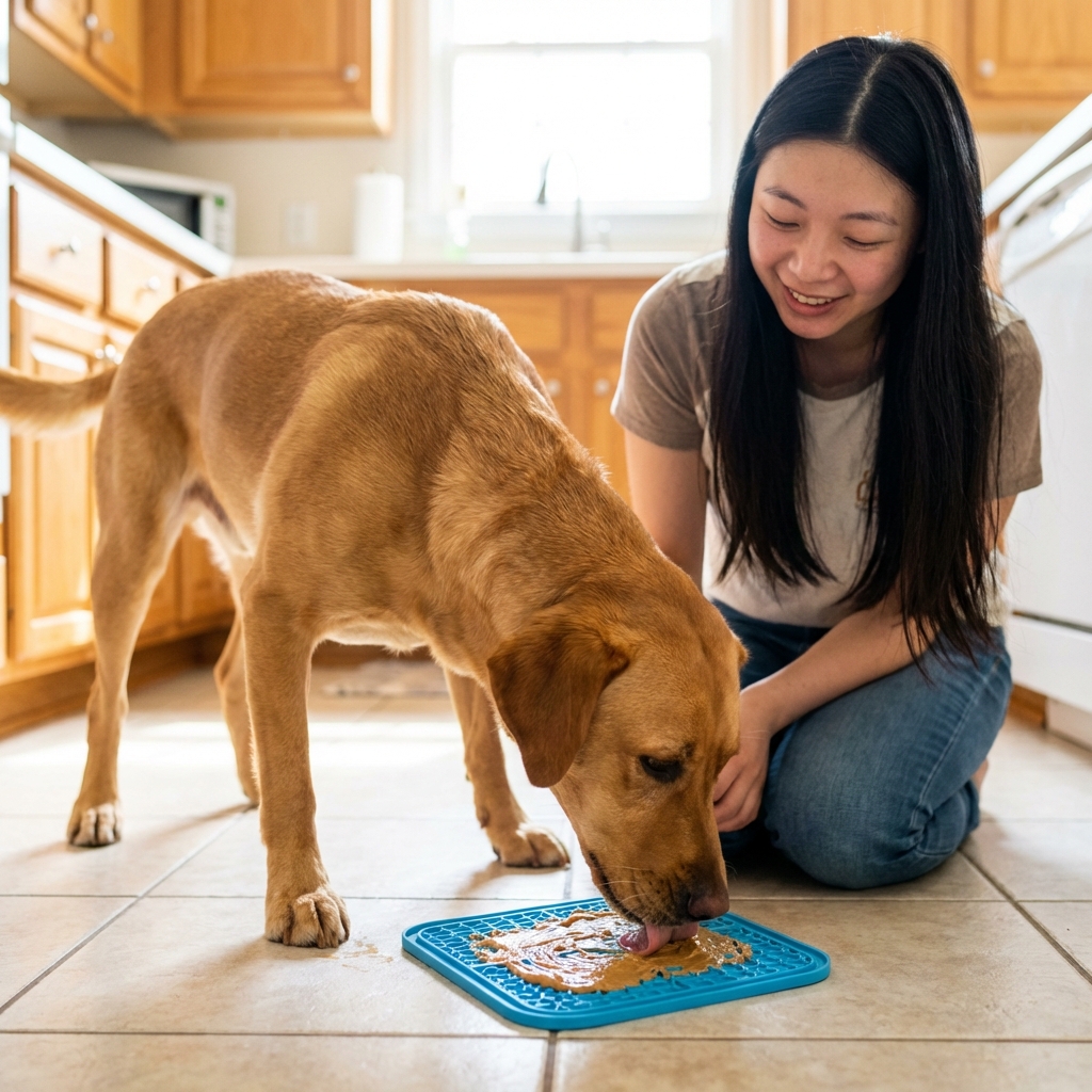A photograph of a dog licking a silicone lick mat on a kitchen floor while a person kneels nearby