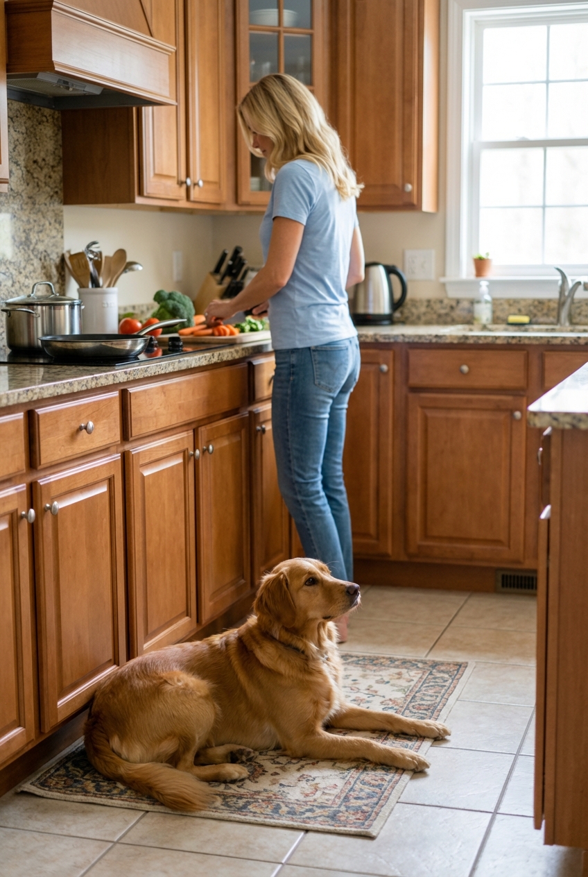 A photograph of a dog practicing a stay on a mat in a kitchen while an owner prepares food in the background
