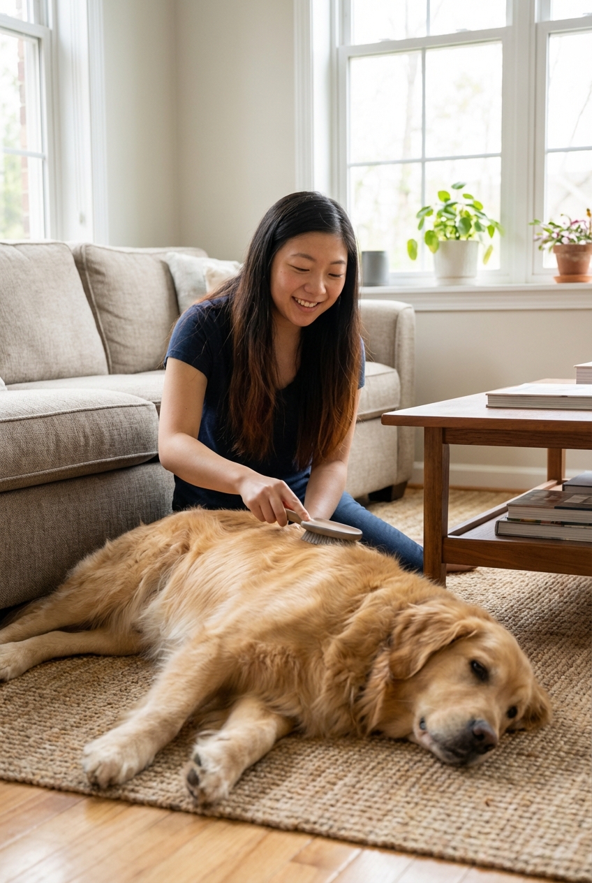 A photograph of a dog resting comfortably while a person gently brushes its coat indoors