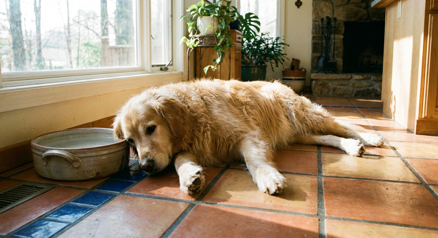 A photograph of a dog resting on a cool tile floor near a water bowl in a well-lit room