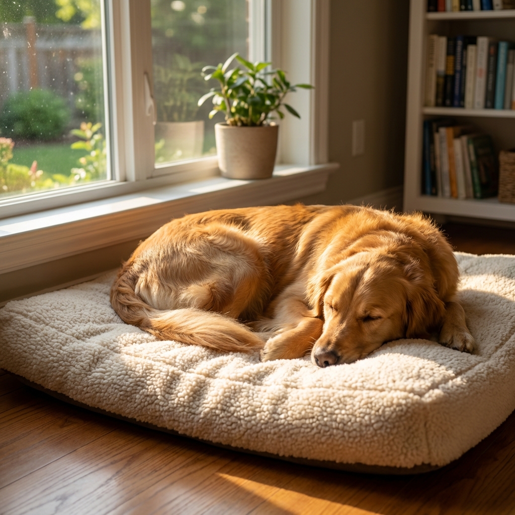 A photograph of a dog resting on a soft bed indoors while sunlight comes through a nearby window