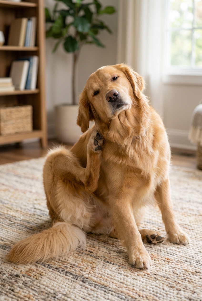 A photograph of a dog scratching its neck with its hind leg while sitting on a living room rug