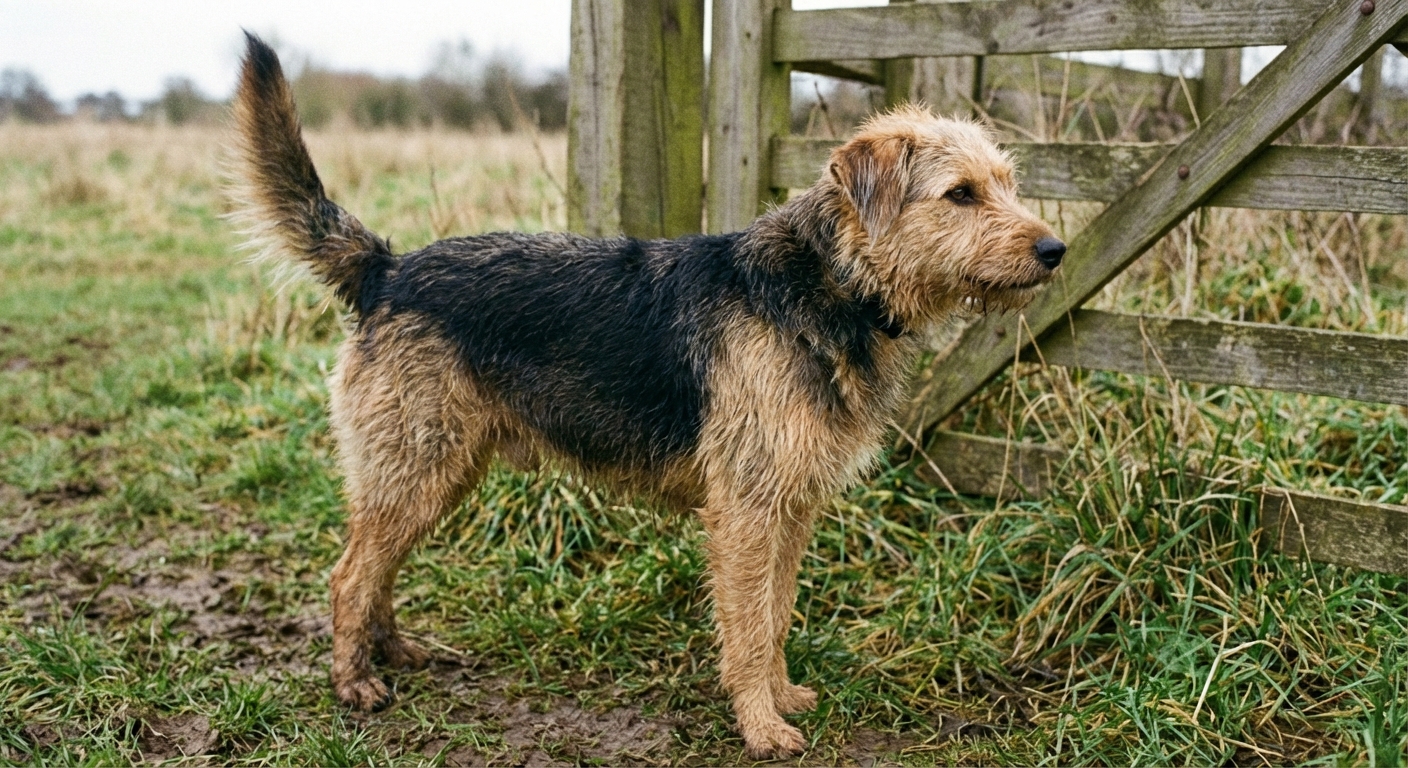 A photograph of a dog seen from the side with its tail held high and slightly stiff while looking forward
