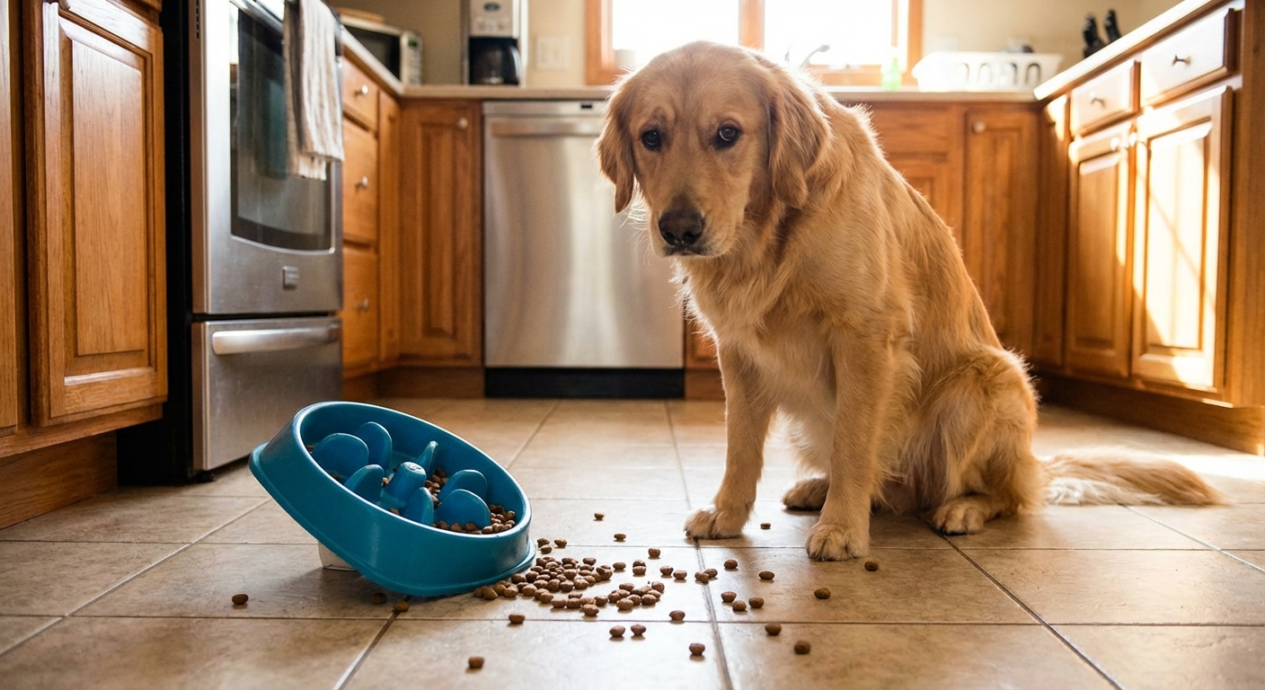 A photograph of a dog sitting beside a tipped slow-feeder bowl on a kitchen floor with kibble scattered nearby