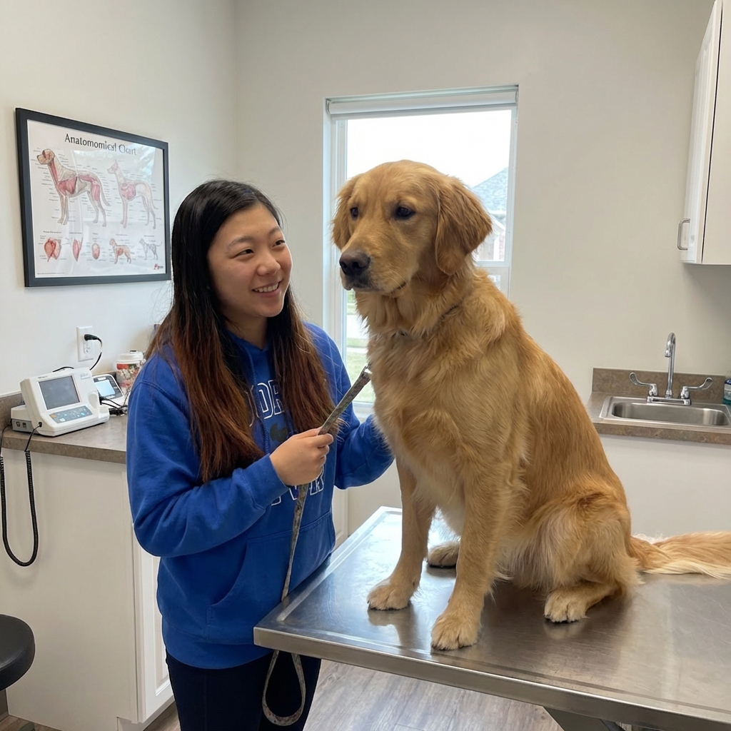 A photograph of a dog sitting calmly next to a person holding a leash inside a veterinary clinic exam room