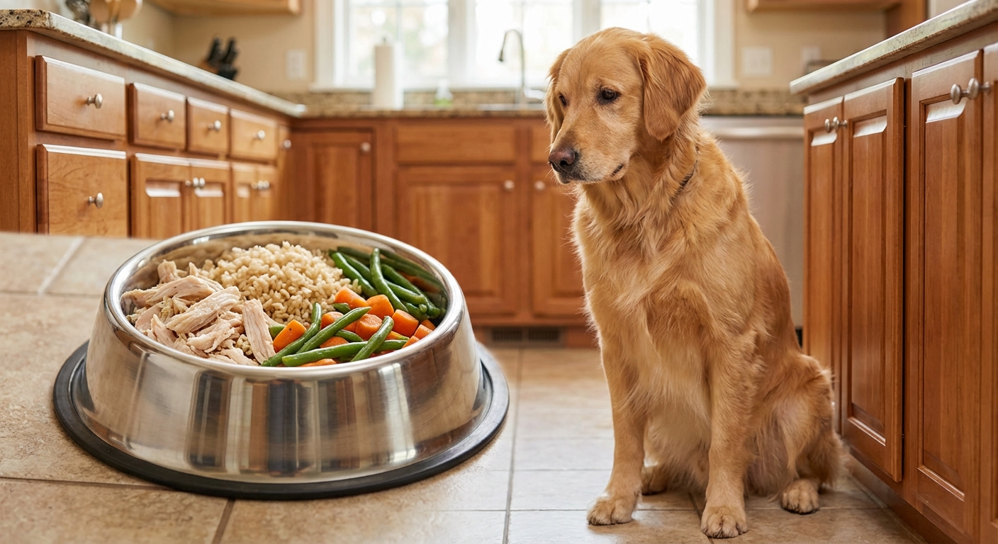 A photograph of a dog sitting patiently next to a stainless steel bowl with fresh cooked food on a kitchen floor