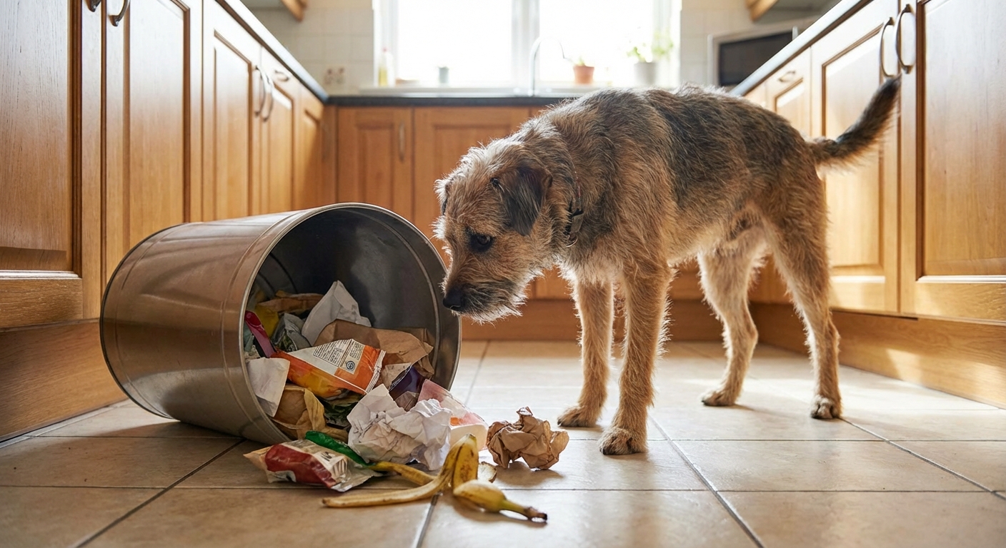 A photograph of a dog sniffing near a tipped-over kitchen trash can