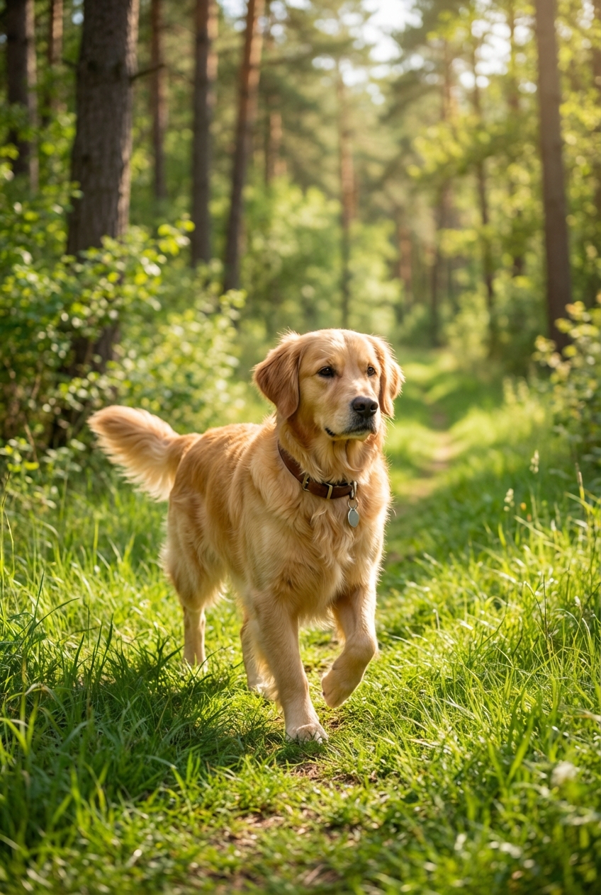 A photograph of a dog wearing a collar while walking on a grassy trail during daytime