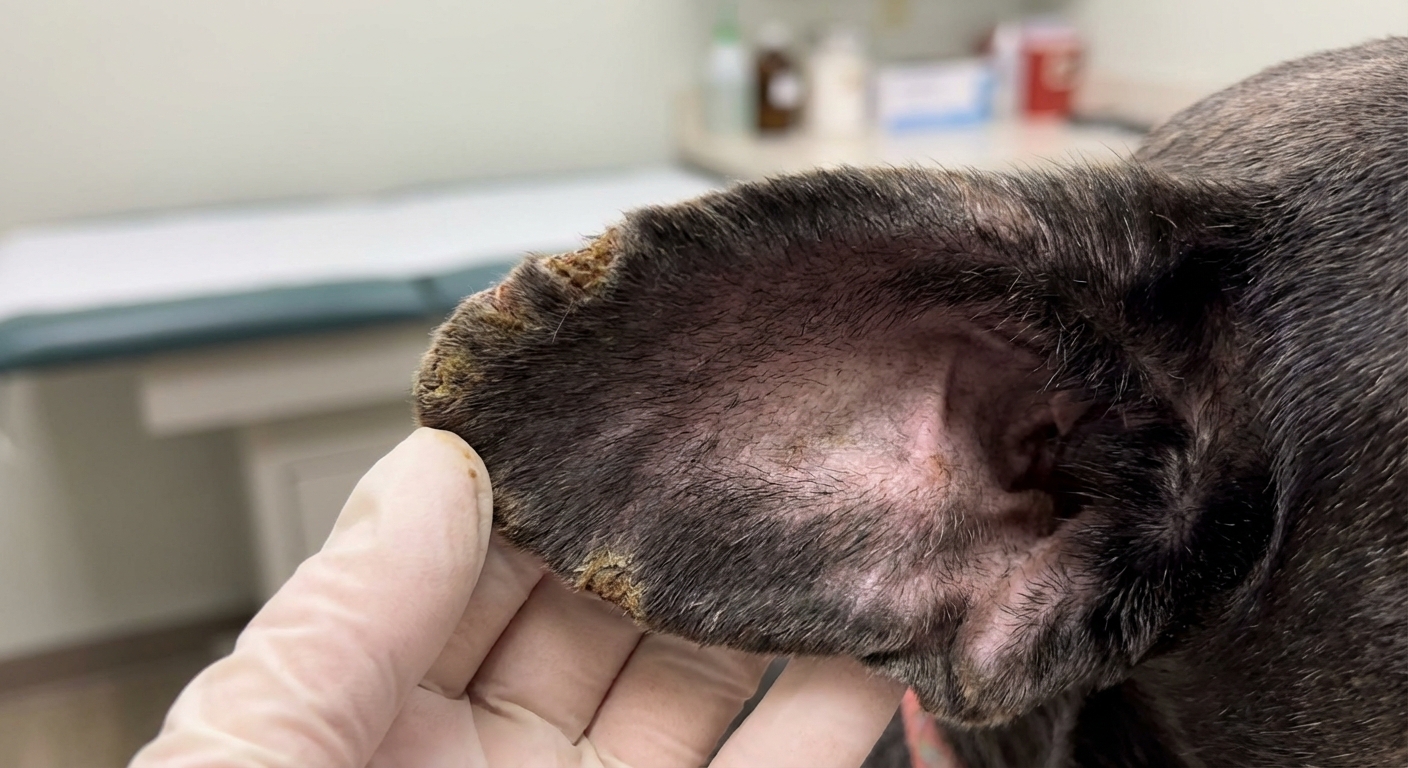 A photograph of a dog’s ear flap showing crusting along the edge and thinning hair