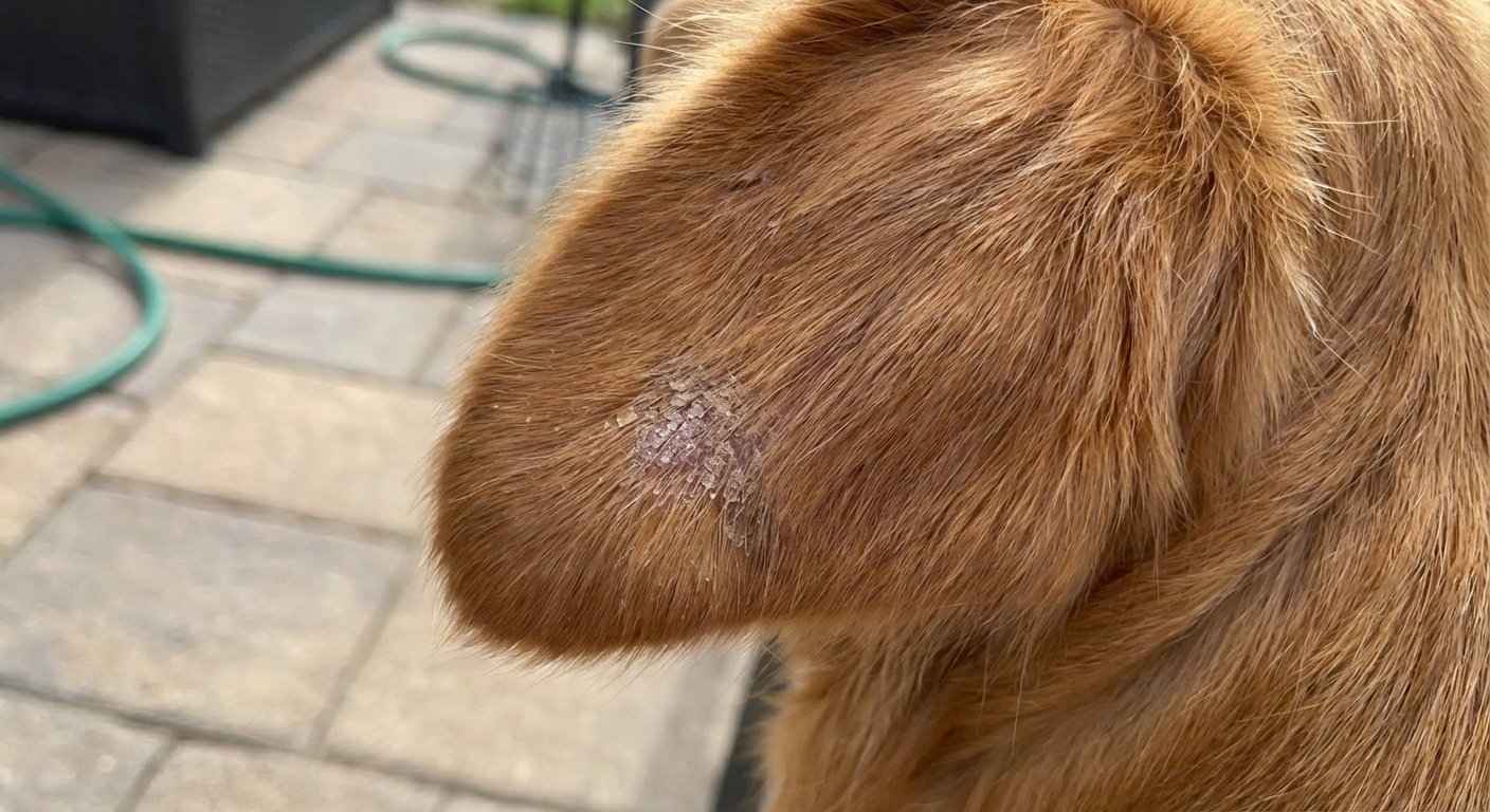 A photograph of a dog’s ear flap with a small scaly patch and mild hair thinning