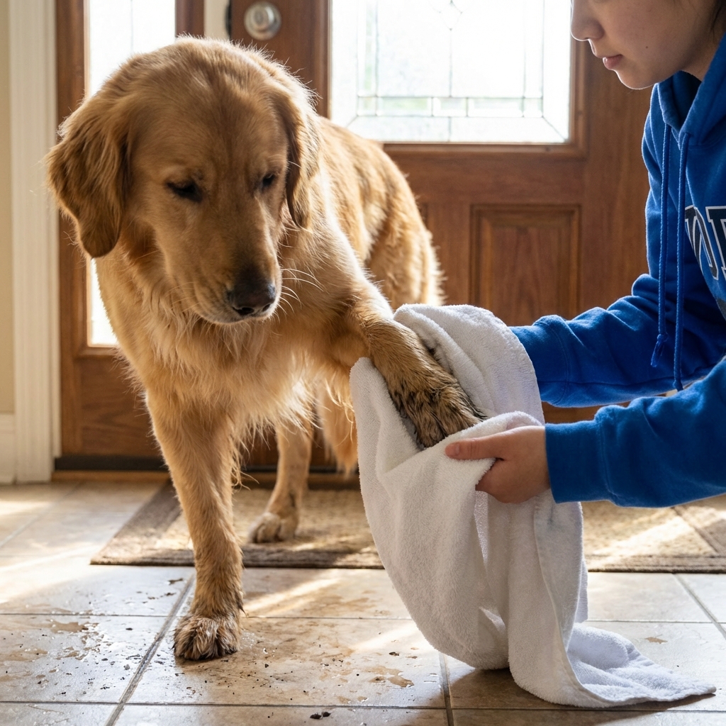 A photograph of a dog’s paws being gently dried with a clean towel near a doorway