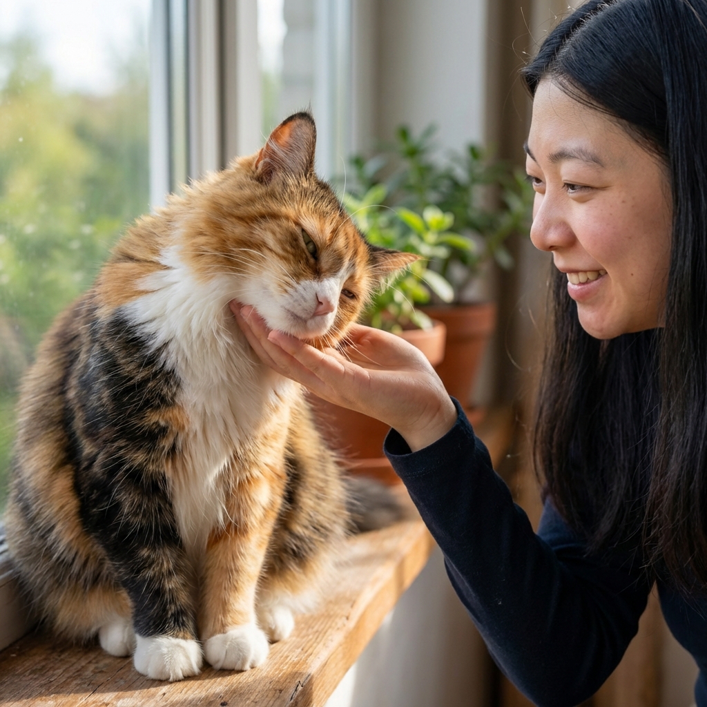 A photograph of a female cat rubbing her cheek against a person’s hand indoors