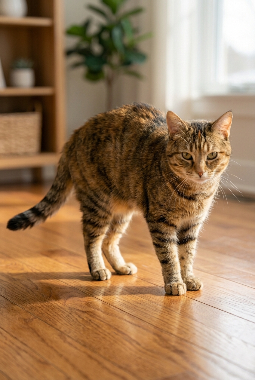 A photograph of a female cat with her back slightly arched and tail held to the side while standing on a hardwood floor