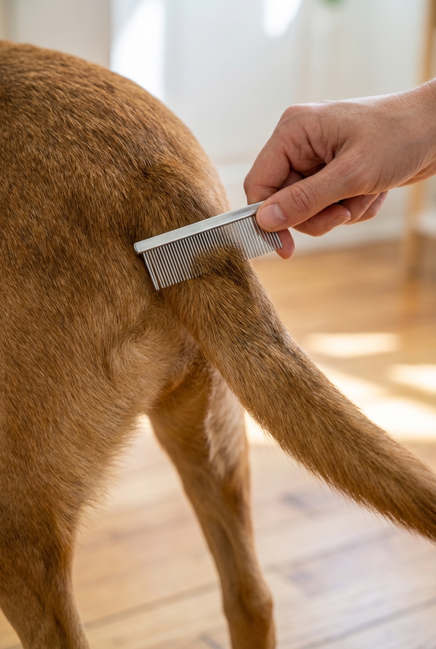 A photograph of a flea comb being used on a dog’s coat near the base of the tail