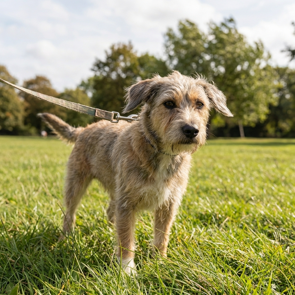 A photograph of a fluffy doodle-mix dog on a leash in a grassy park on a breezy day