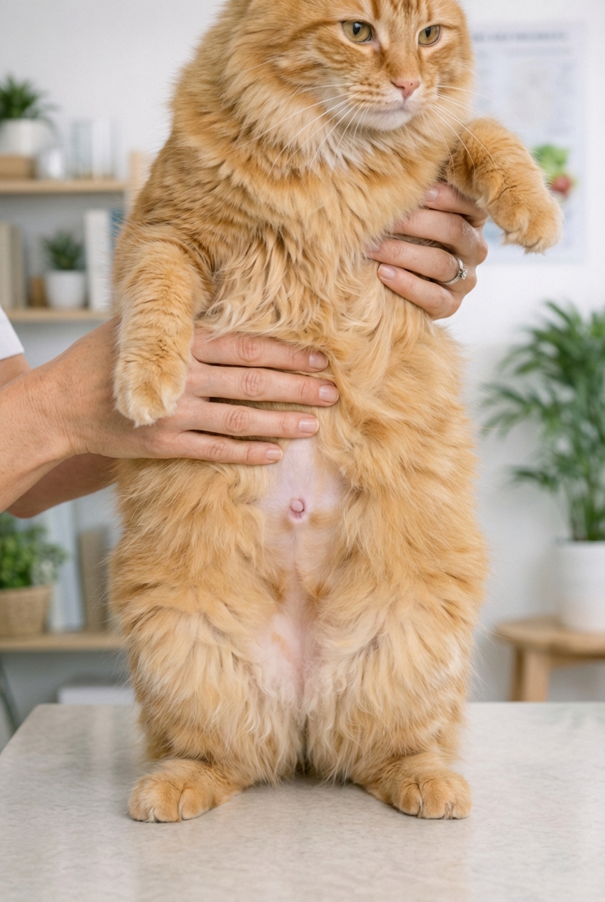 A photograph of a fluffy orange cat standing while a person gently lifts the front legs area to show the midline of the abdomen where a small belly button scar would be located