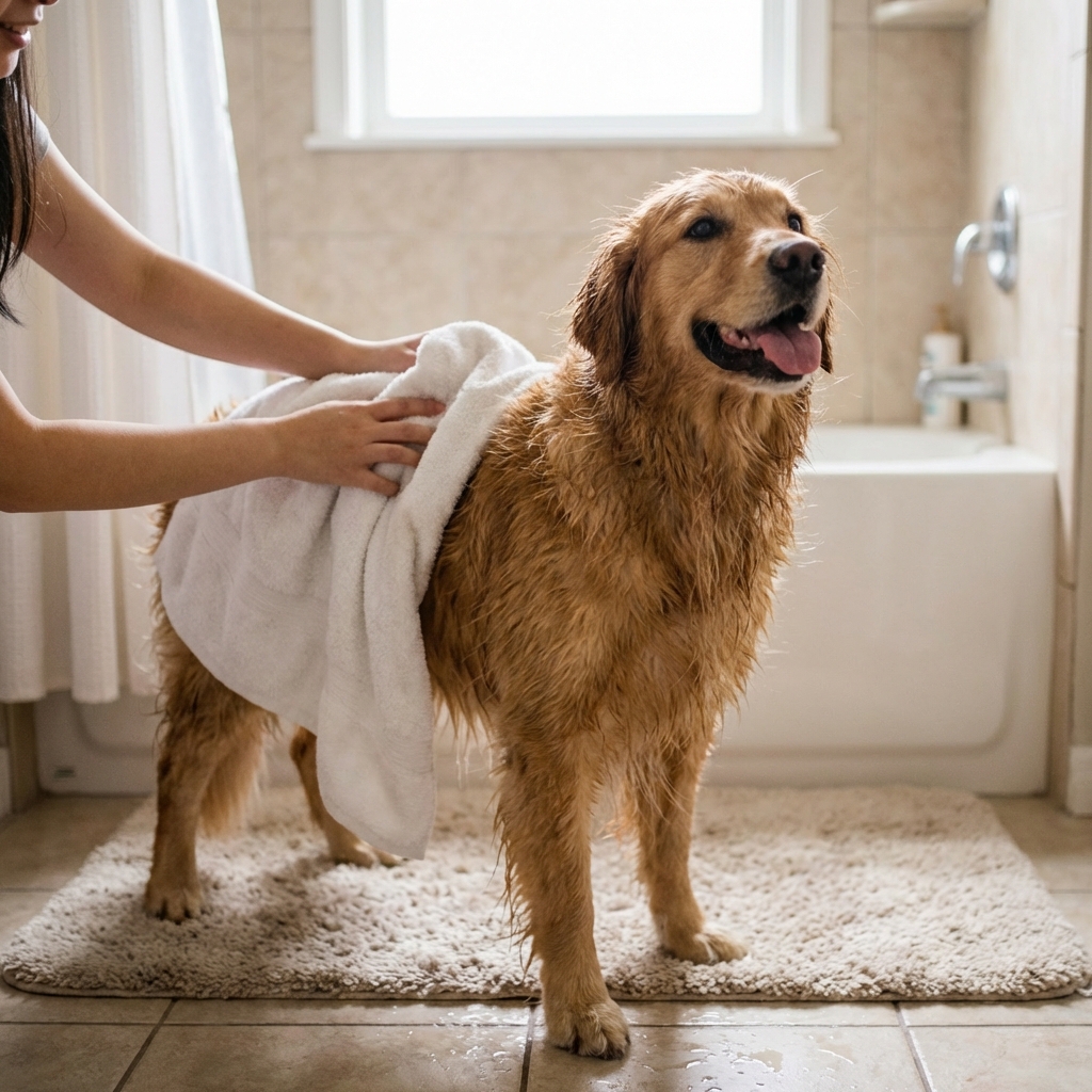 A photograph of a golden retriever being gently towel-dried after a bath in a home bathroom