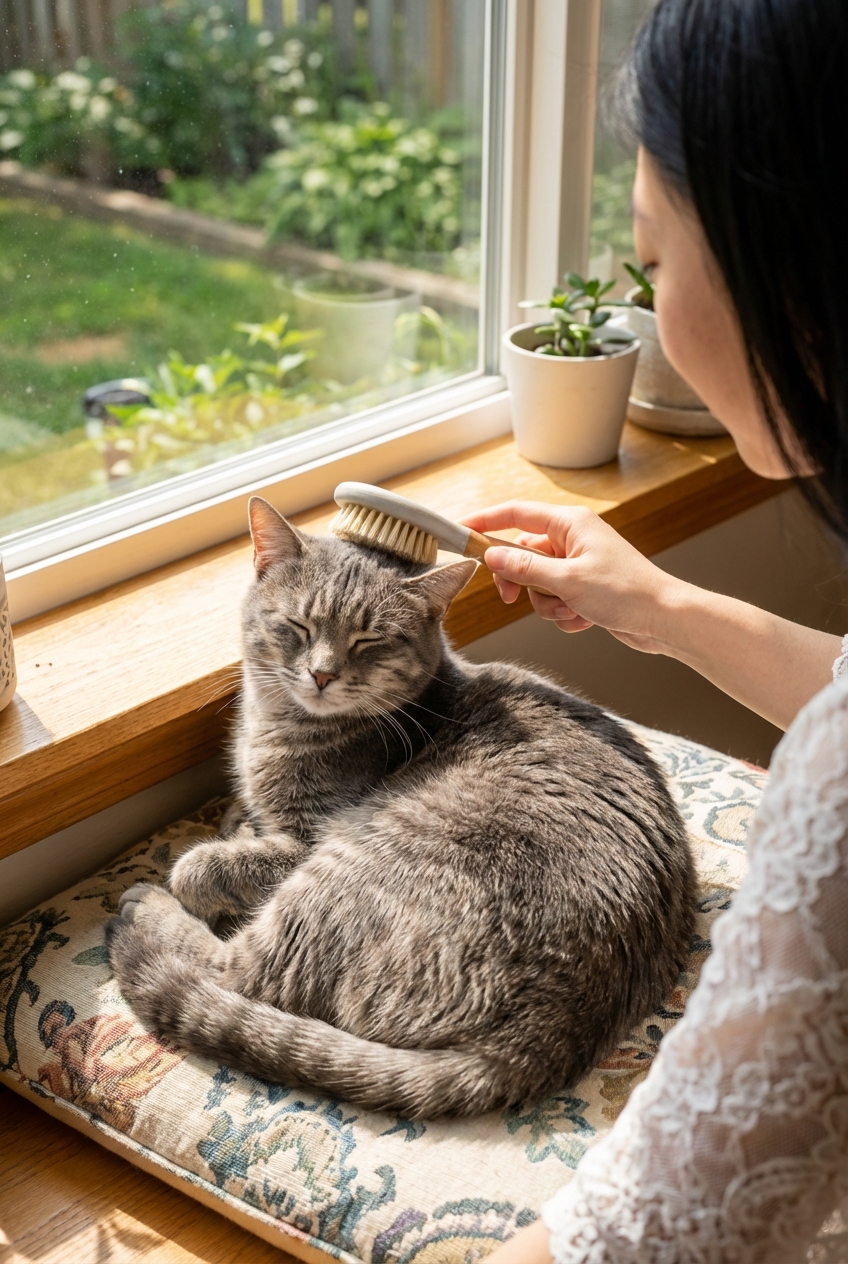 A photograph of a gray cat being gently brushed with a soft grooming brush near a sunny window