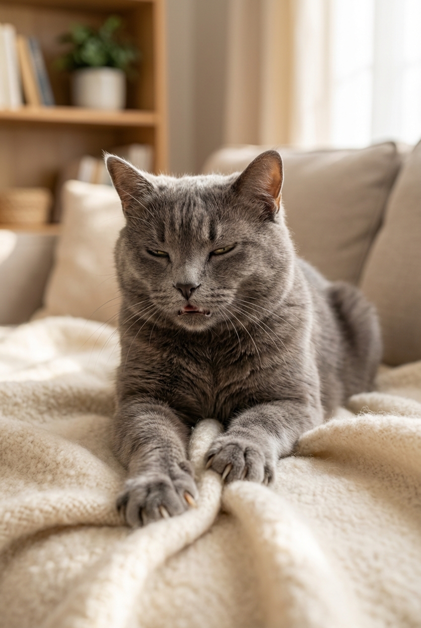 A photograph of a gray cat kneading a blanket with relaxed eyes while purring