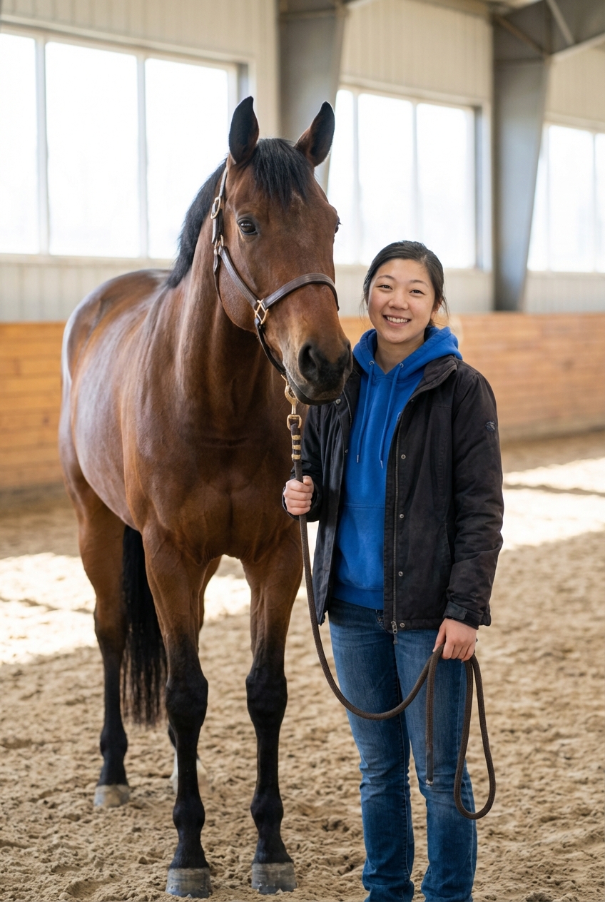A photograph of a handler standing beside a horse that is calmly standing still in an arena