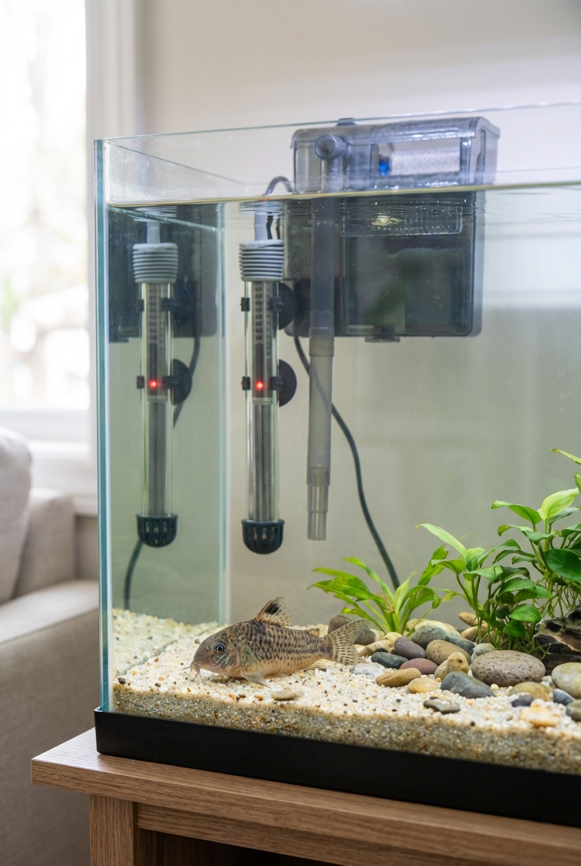A photograph of a home aquarium with a filter and heater visible in the background and a fish resting near the bottom