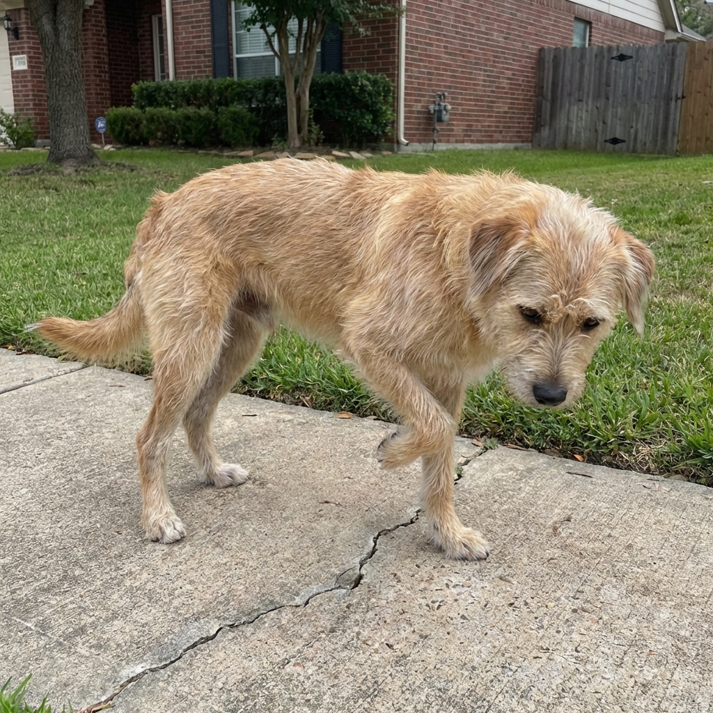 A photograph of a medium-sized dog standing on a sidewalk and lifting one front paw as if limping