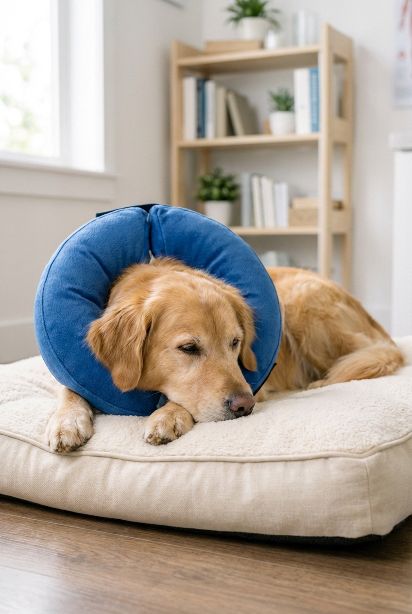 A photograph of a medium-sized dog wearing a soft recovery collar while resting on a dog bed