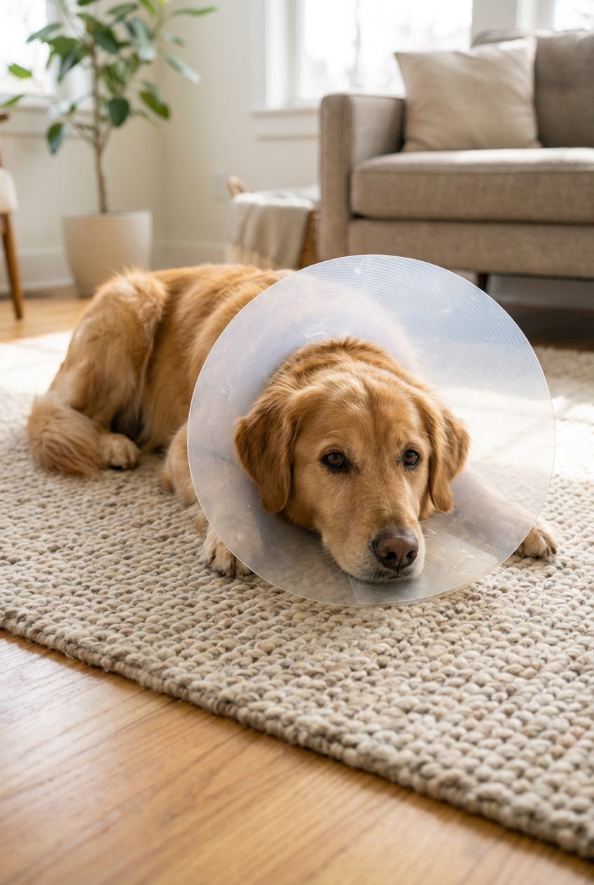 A photograph of a medium-sized dog wearing an e-collar while resting calmly on a living room rug
